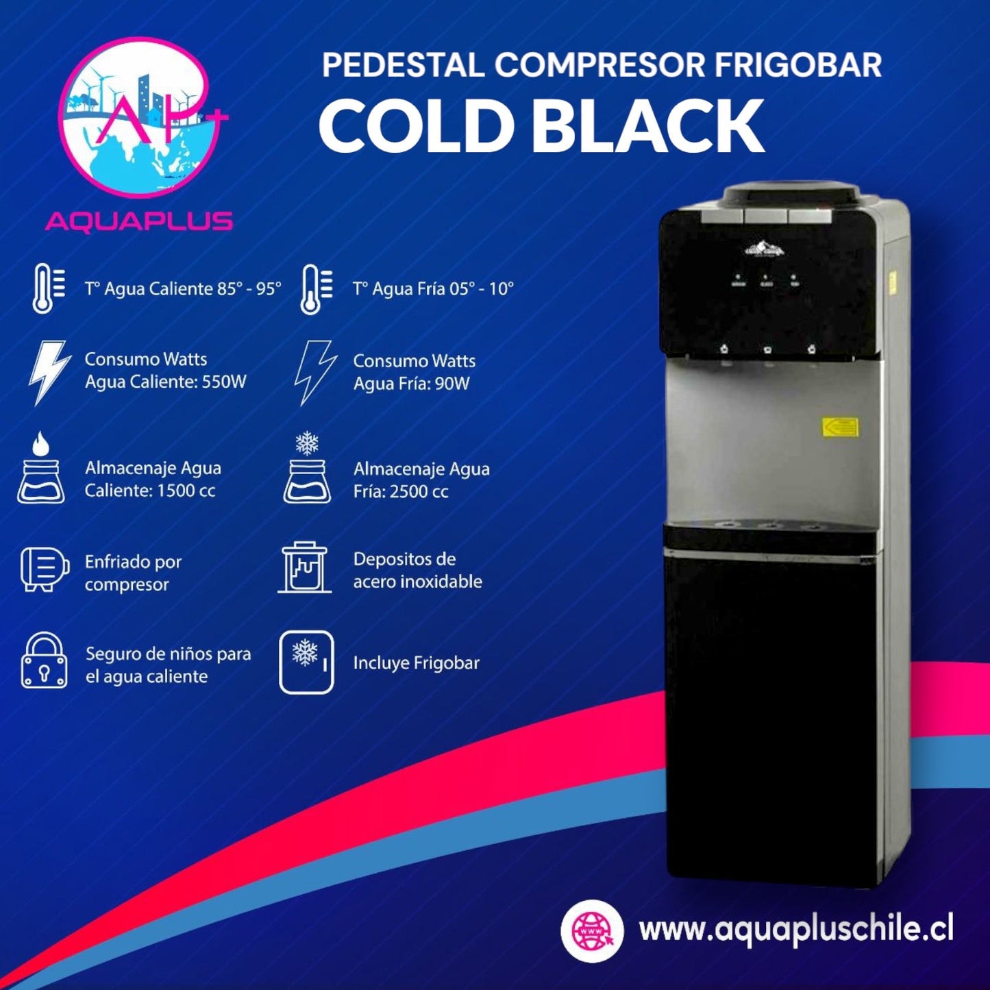 PEDESTAL COLD BLACK CON FRIGOBAR + 2 BIDONES (incluye envases retornable)