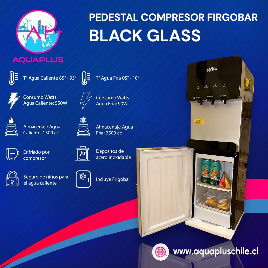 PEDESTAL BLACK GLASS CON FRIGOBAR + 2 BIDONES (incluye envases retornable)